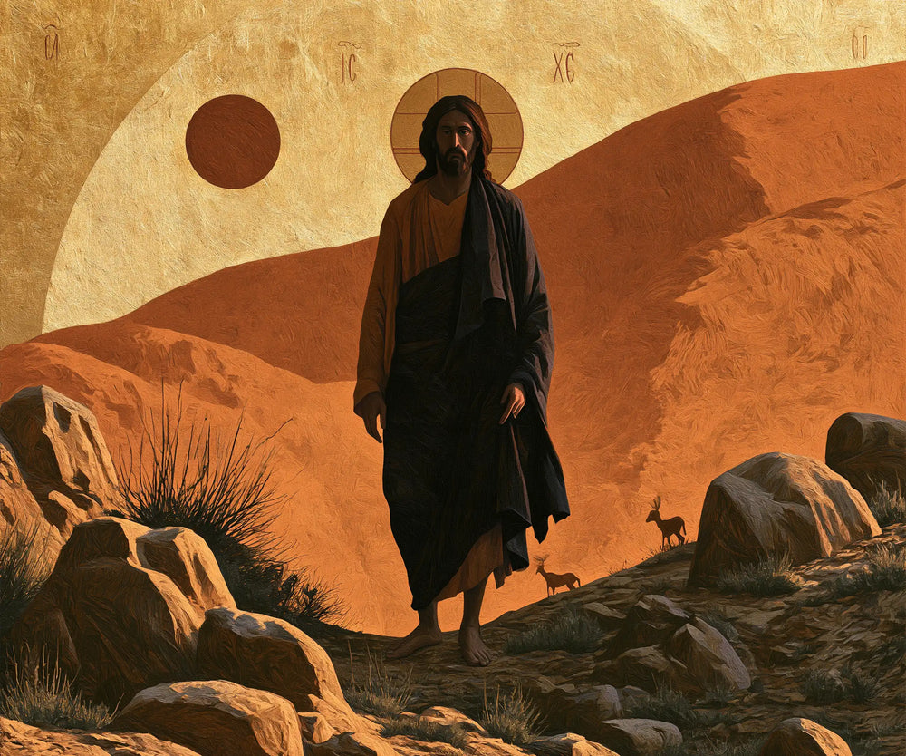 Jesus in the desert during the temptation in Contemporary Byzantine style, landscape Christian artwork no. 2