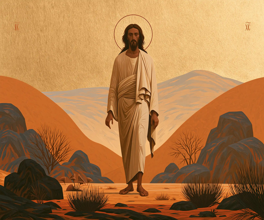 Jesus in the desert during the temptation in Contemporary Byzantine style, landscape Christian artwork no. 4