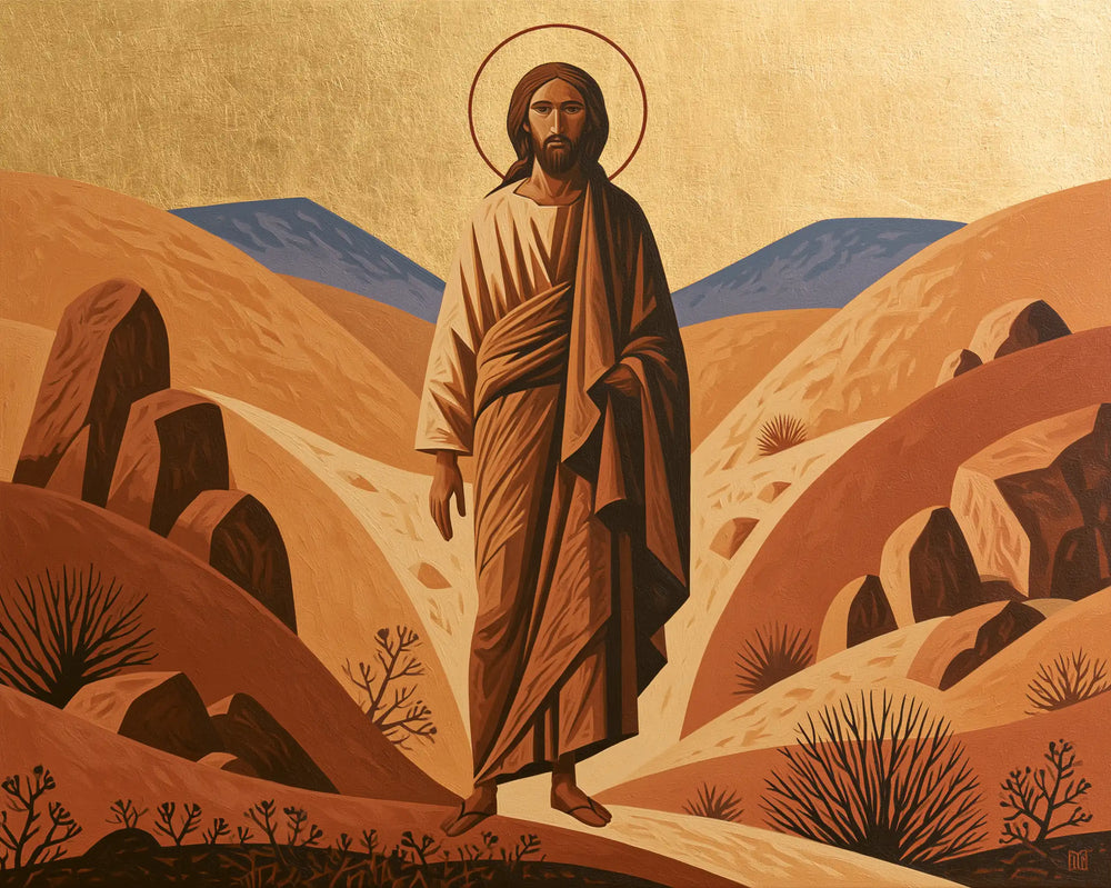 Jesus in the desert during the temptation in Contemporary Byzantine style, landscape Christian artwork no. 8