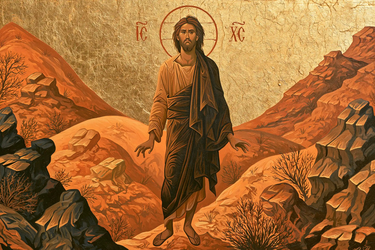 Jesus in the desert during the temptation in Contemporary Byzantine style, landscape Christian artwork no. 10