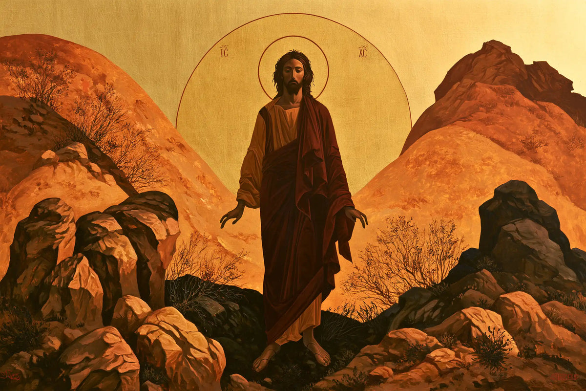 Jesus in the desert during the temptation in Contemporary Byzantine style, landscape Christian artwork no. 11