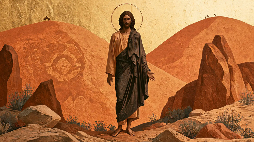 Jesus in the desert during the temptation in Contemporary Byzantine style, landscape Christian artwork no. 15