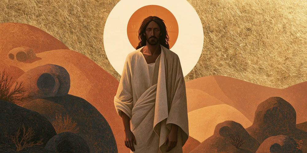 Jesus in the desert during the temptation in Contemporary Byzantine style, landscape Christian artwork no. 18