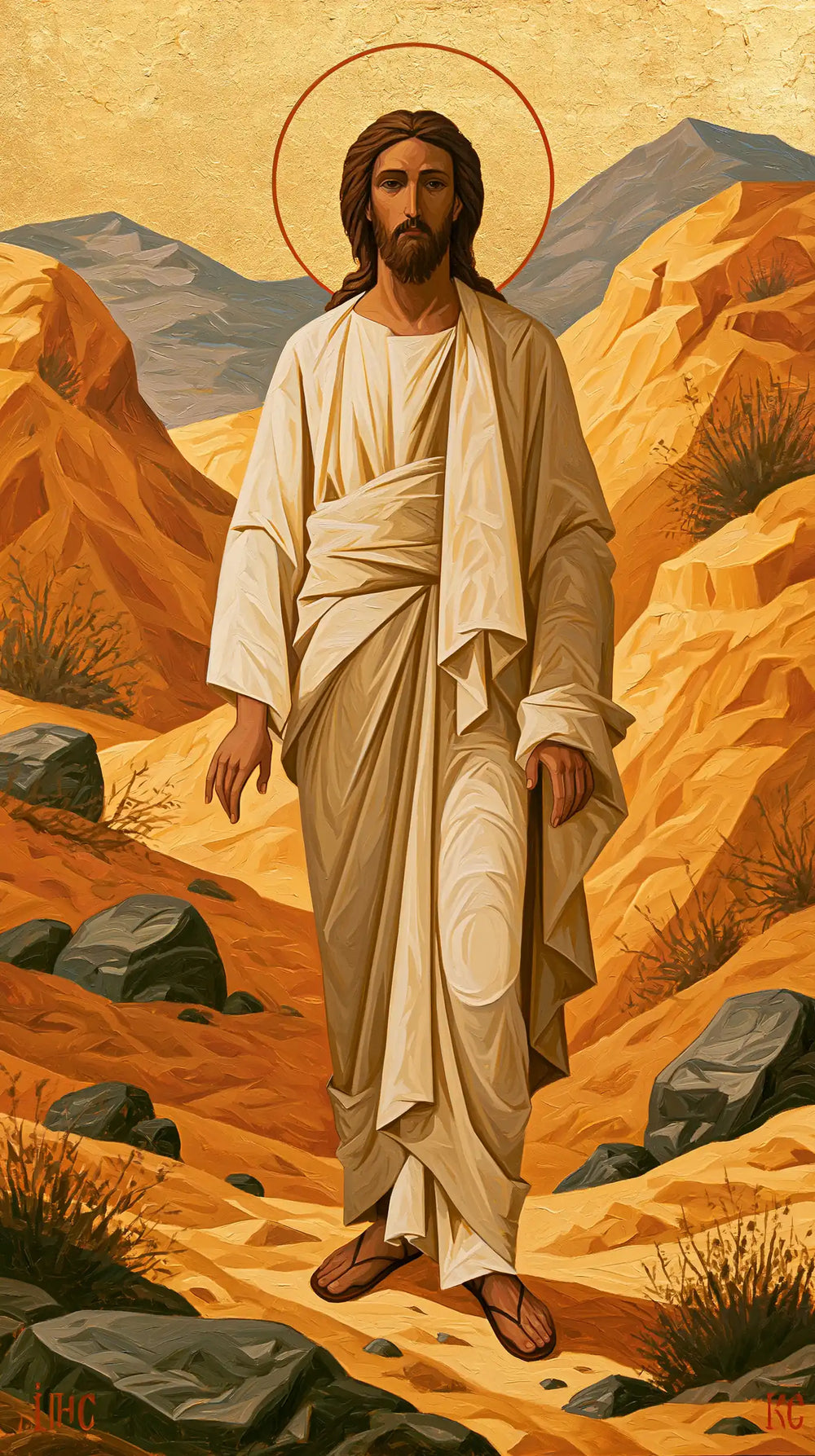 Jesus in the desert during the temptation in Contemporary Byzantine style, portrait Christian artwork no. 10