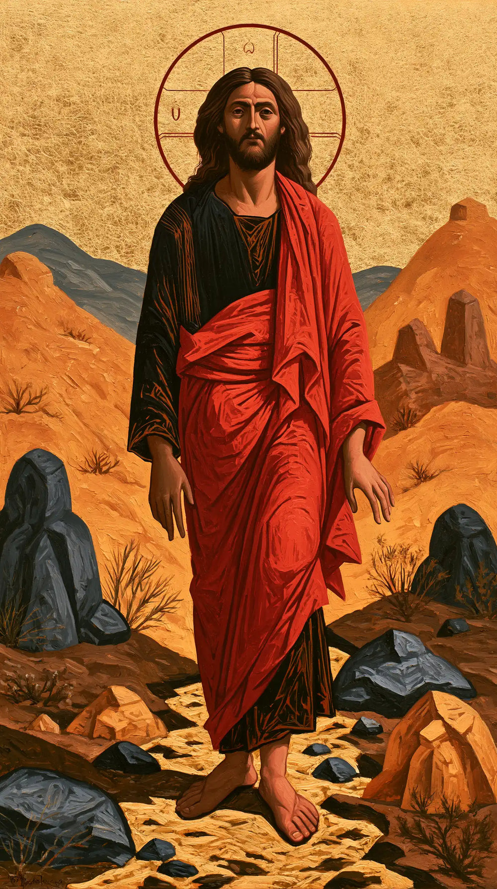 Jesus in the desert during the temptation in Contemporary Byzantine style, portrait Christian artwork no. 12