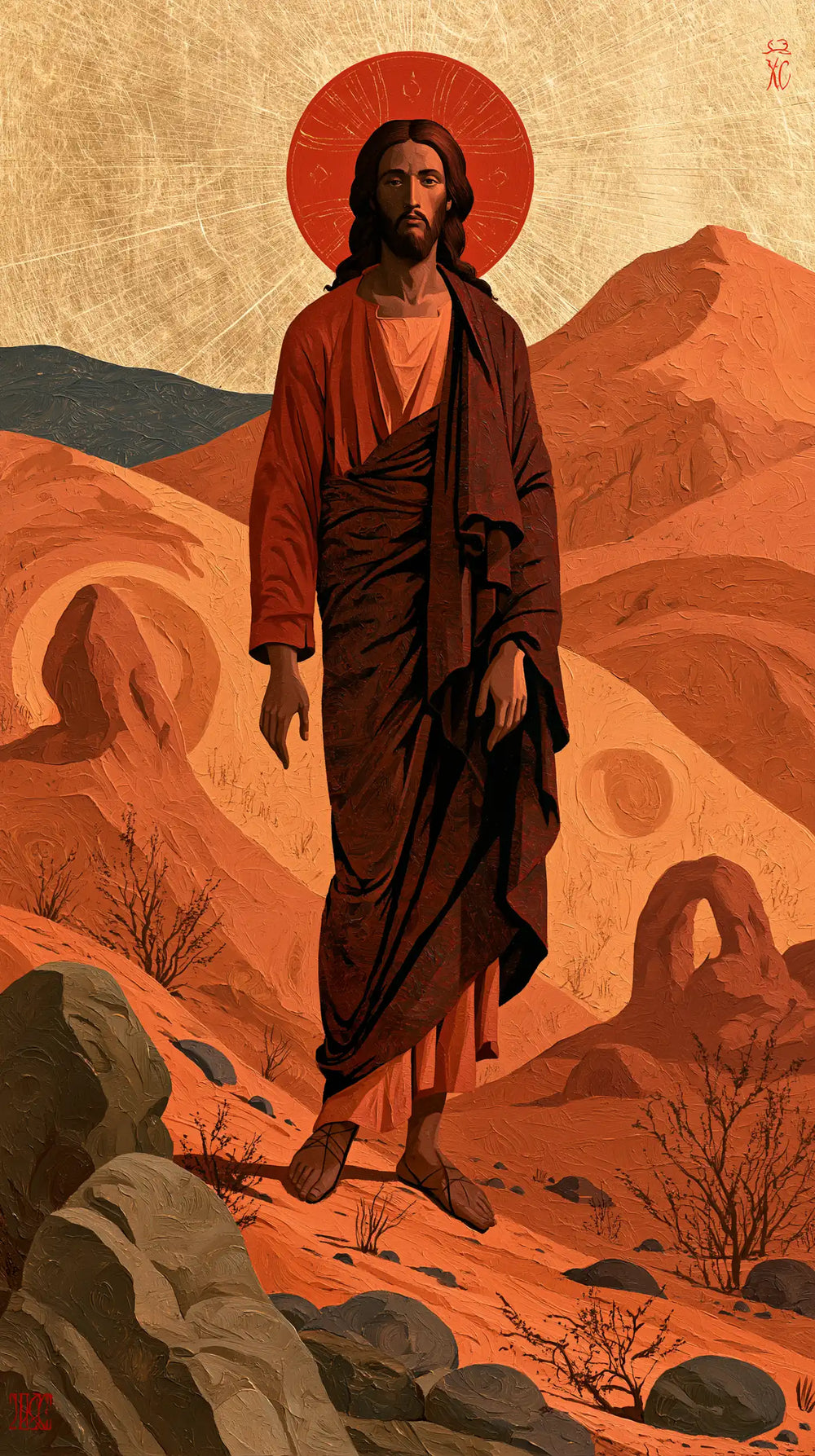 Jesus in the desert during the temptation in Contemporary Byzantine style, portrait Christian artwork no. 18