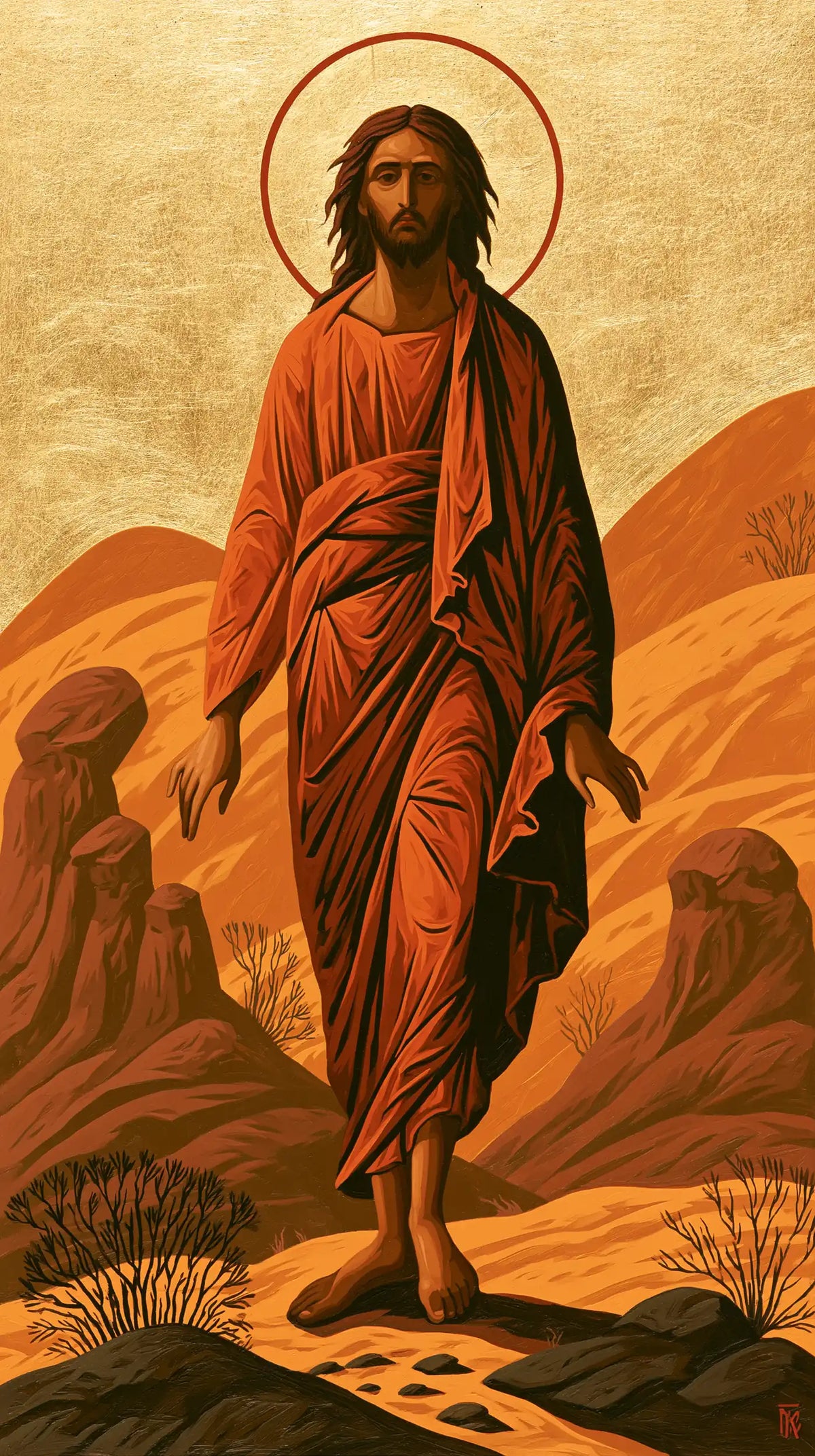 Jesus in the desert during the temptation in Contemporary Byzantine style, portrait Christian artwork no. 22