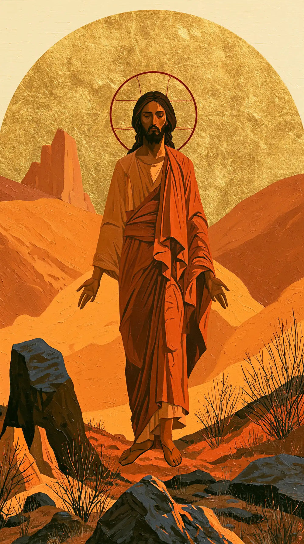 Jesus in the desert during the temptation in Contemporary Byzantine style, portrait Christian artwork no. 23