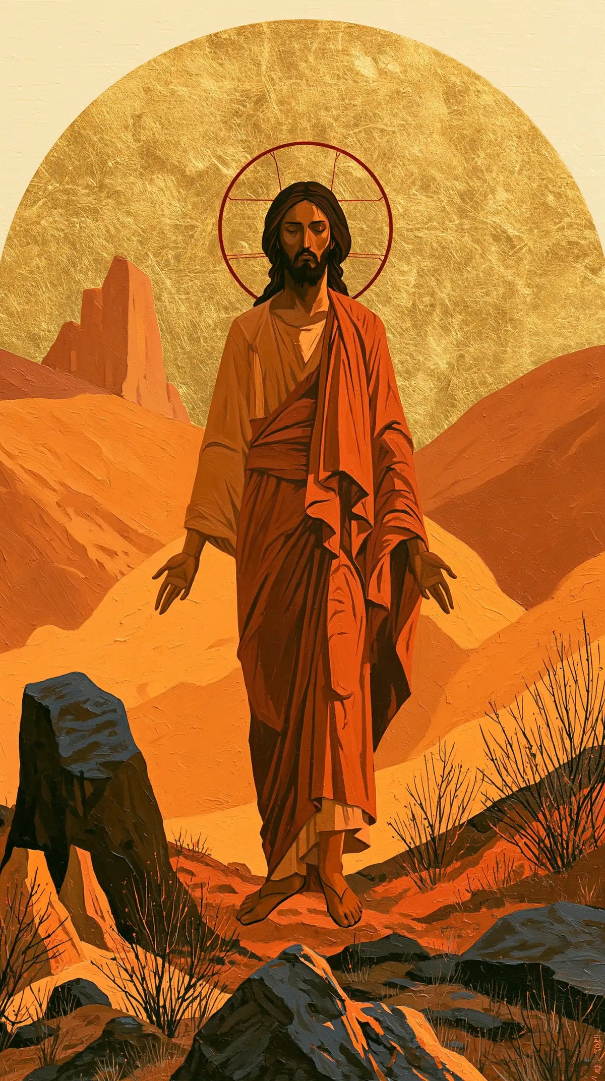 Jesus in the desert during the temptation in Contemporary Byzantine style, portrait Christian artwork no. 23