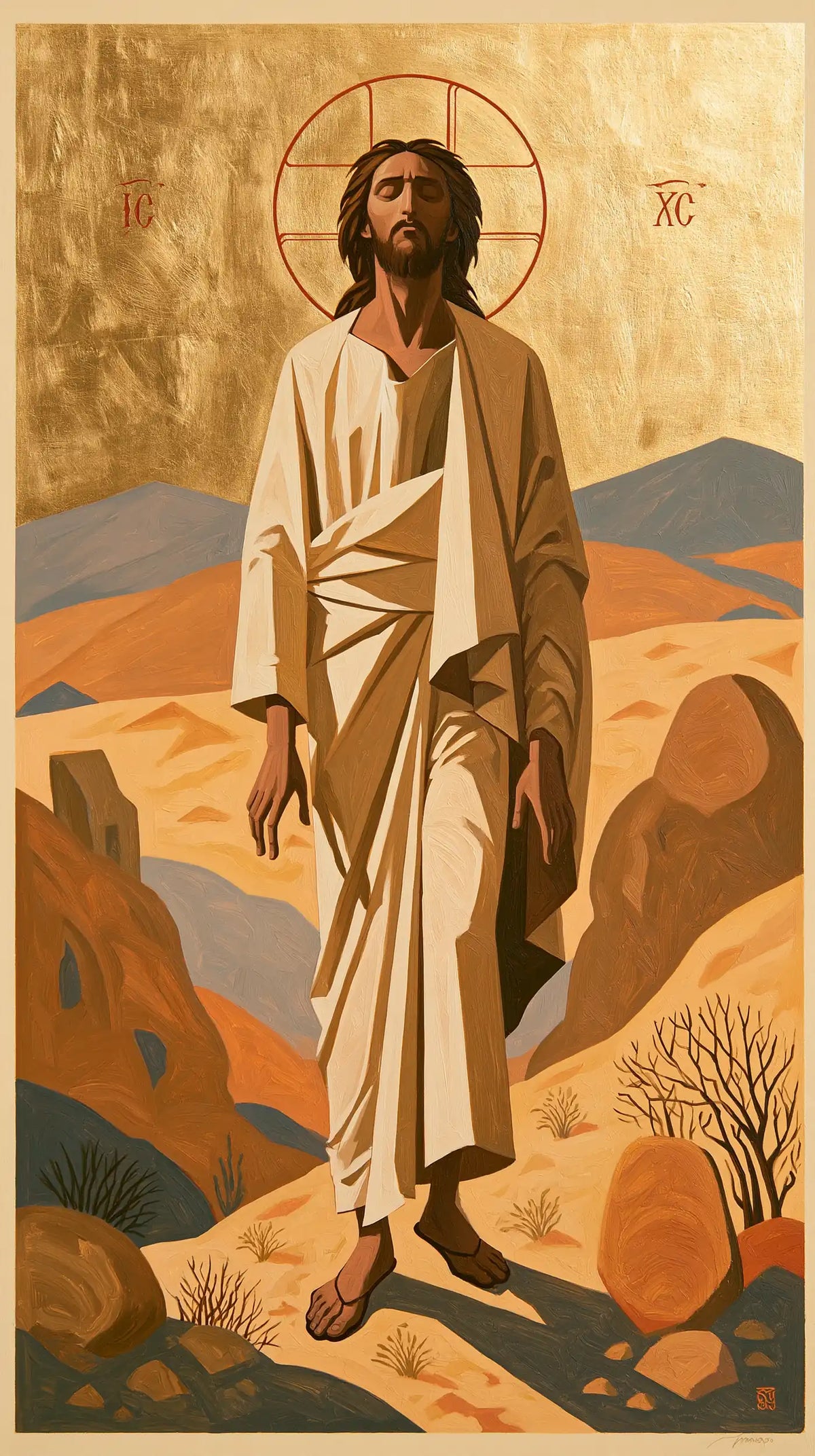 Jesus in the desert during the temptation in Contemporary Byzantine style, portrait Christian artwork no. 26