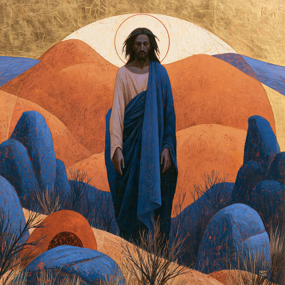 Jesus in the desert during the temptation in Contemporary Byzantine style, square Christian artwork no. 2