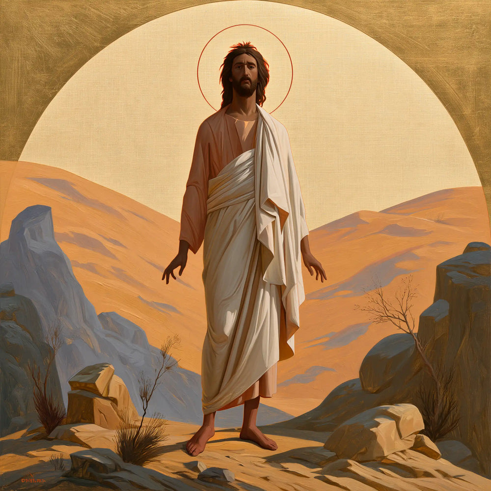 Jesus in the desert during the temptation in Contemporary Byzantine style, square Christian artwork no. 3
