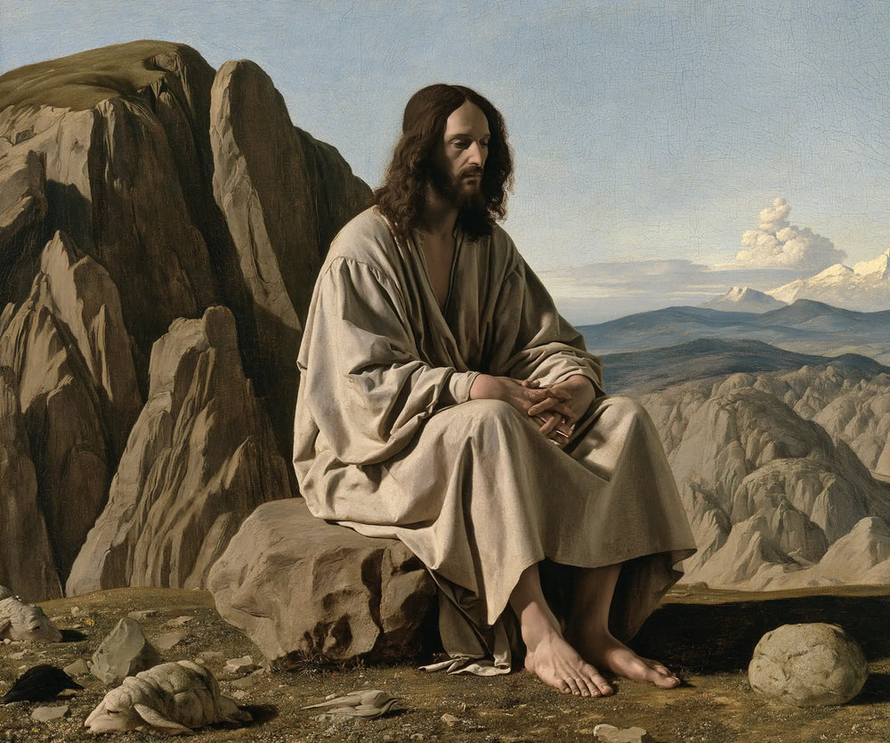 Jesus in the desert during the temptation in Florentine Renaissance style, landscape Christian artwork no. 4