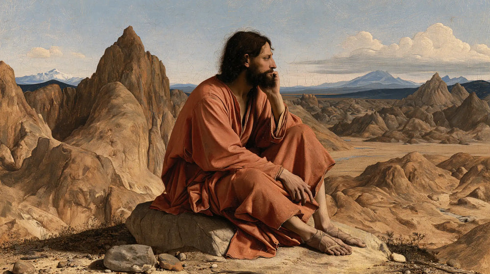 Jesus in the desert during the temptation in Florentine Renaissance style, landscape Christian artwork no. 20