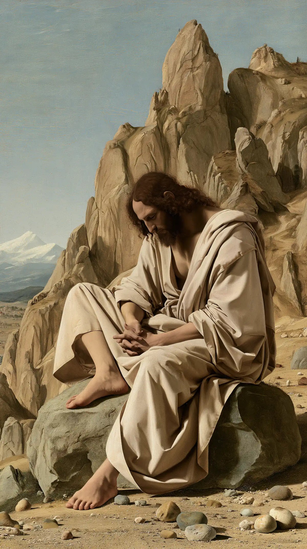 Jesus in the Desert — Hands Joined Beneath the High Stone