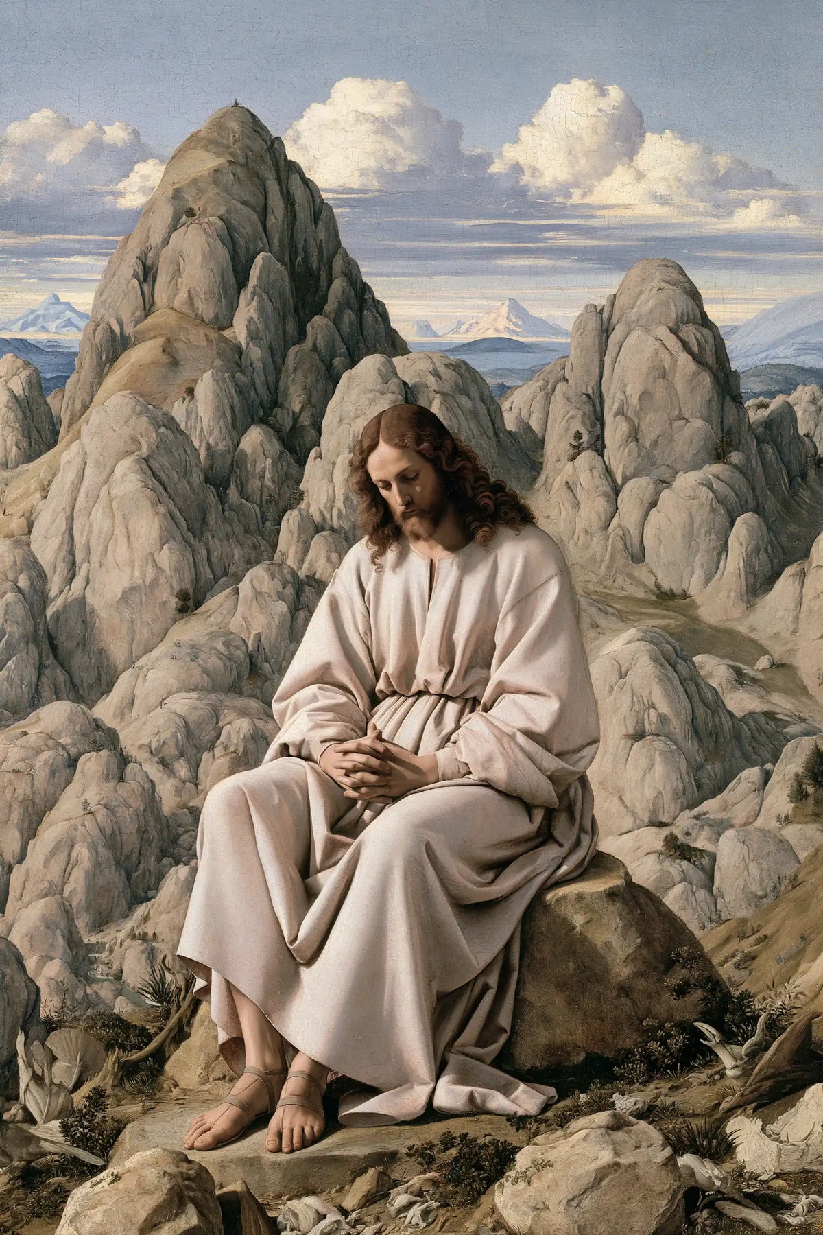 Jesus in the Desert — Contemplation Beneath White Clouds