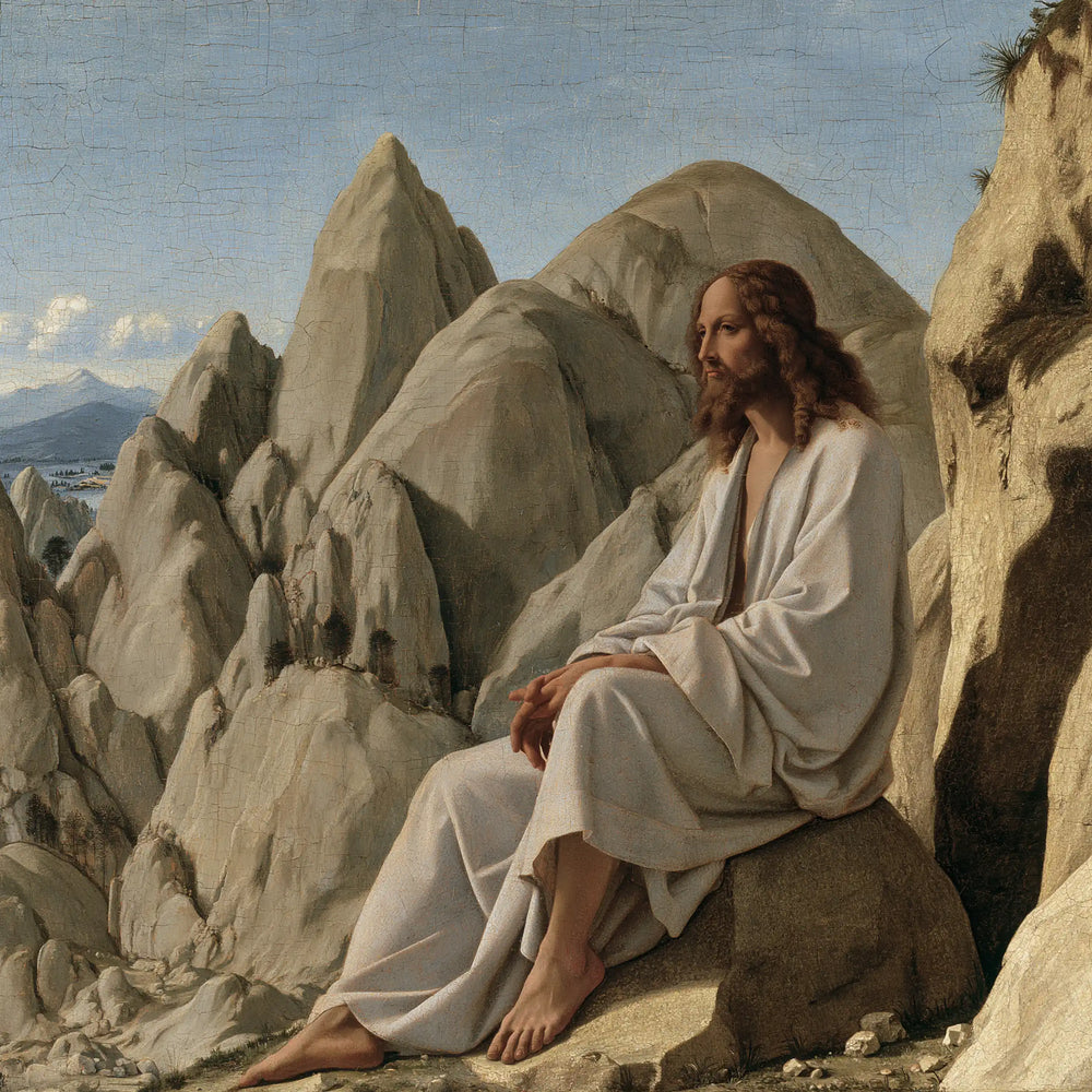 Jesus in the desert during the temptation in Florentine Renaissance style, square Christian artwork no. 1