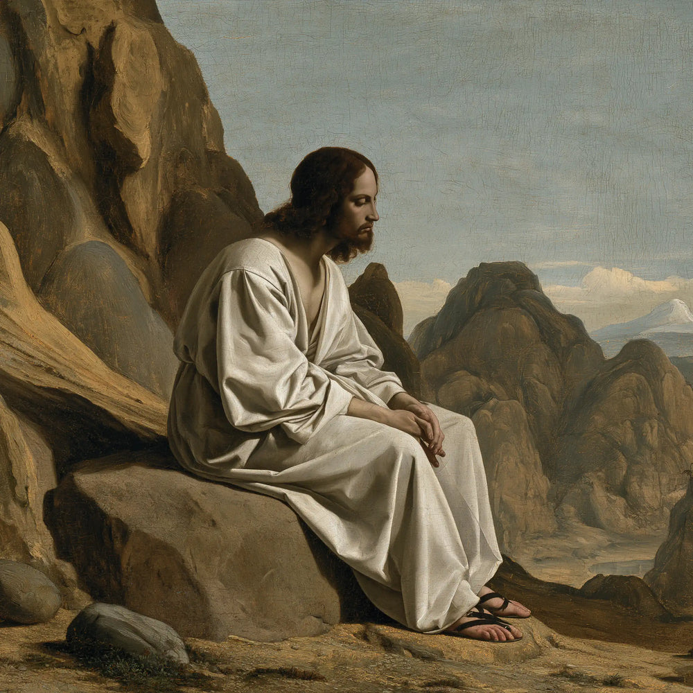 Jesus in the desert during the temptation in Florentine Renaissance style, square Christian artwork no. 2