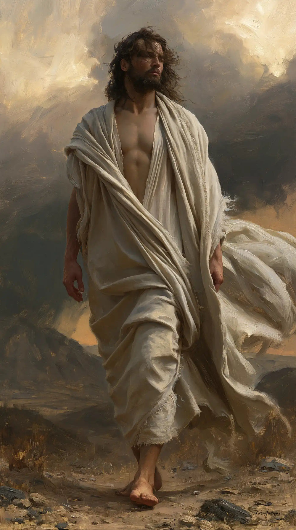 Jesus confronting an inner spiritual struggle in the desert in The Inner Struggle style, portrait Christian artwork no. 3