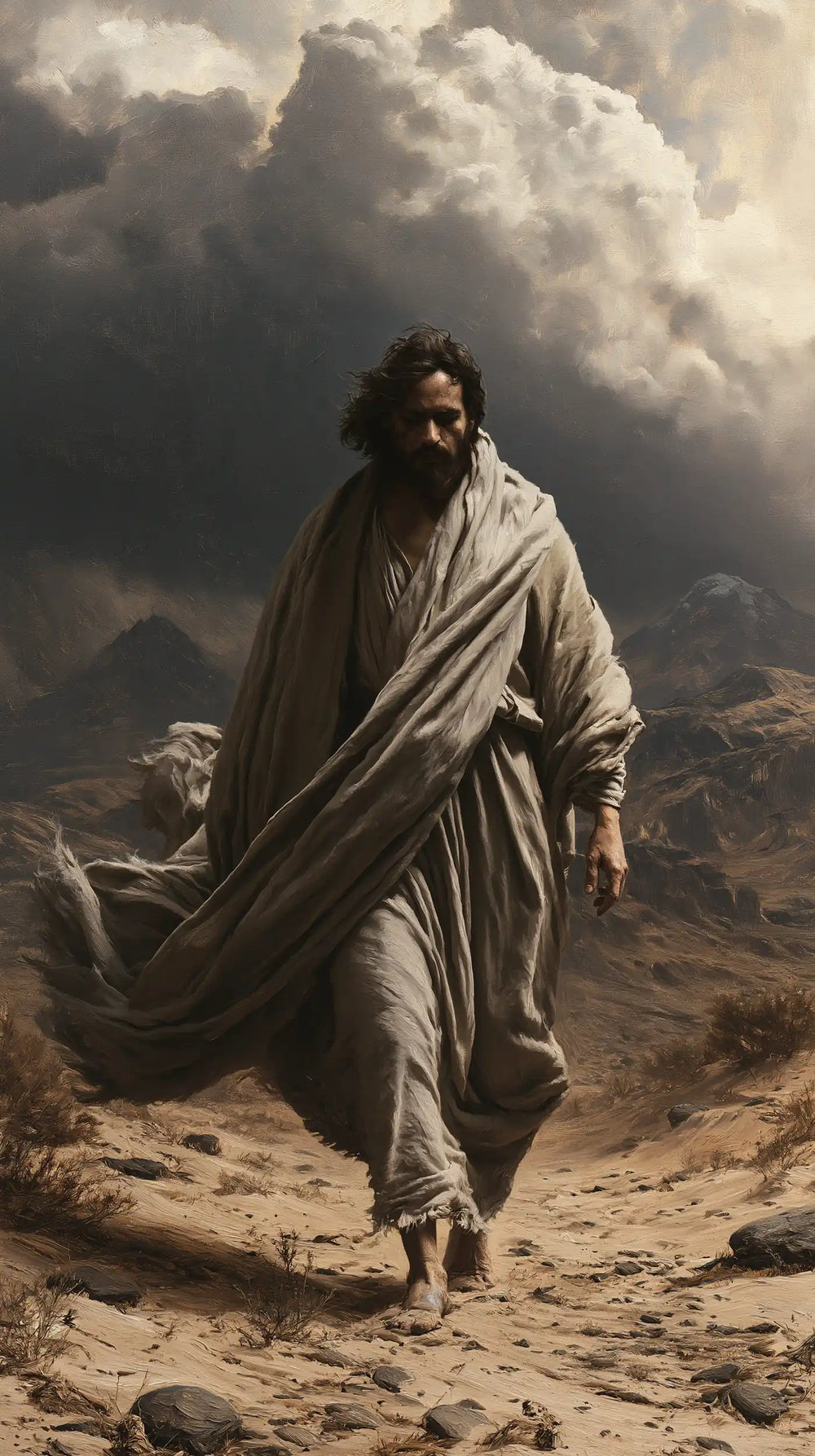 Jesus confronting an inner spiritual struggle in the desert in The Inner Struggle style, portrait Christian artwork no. 4
