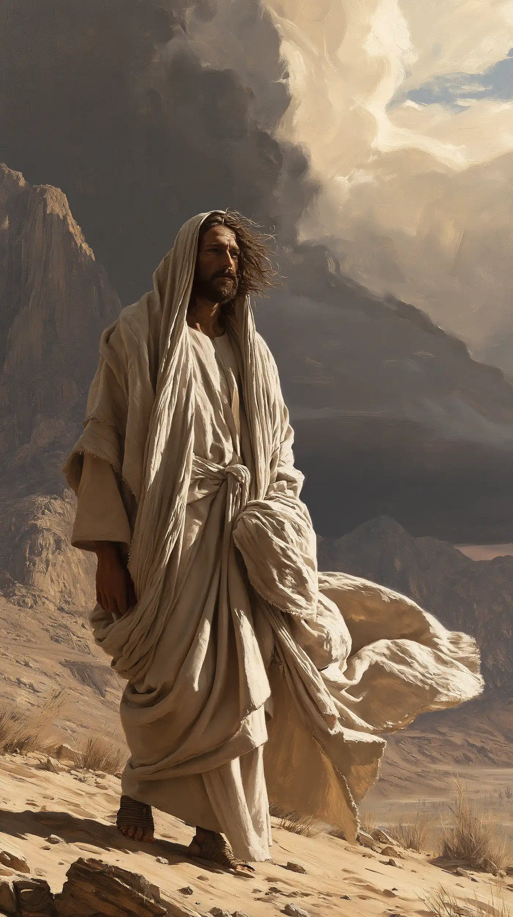 Jesus confronting an inner spiritual struggle in the desert in The Inner Struggle style, portrait Christian artwork no. 18
