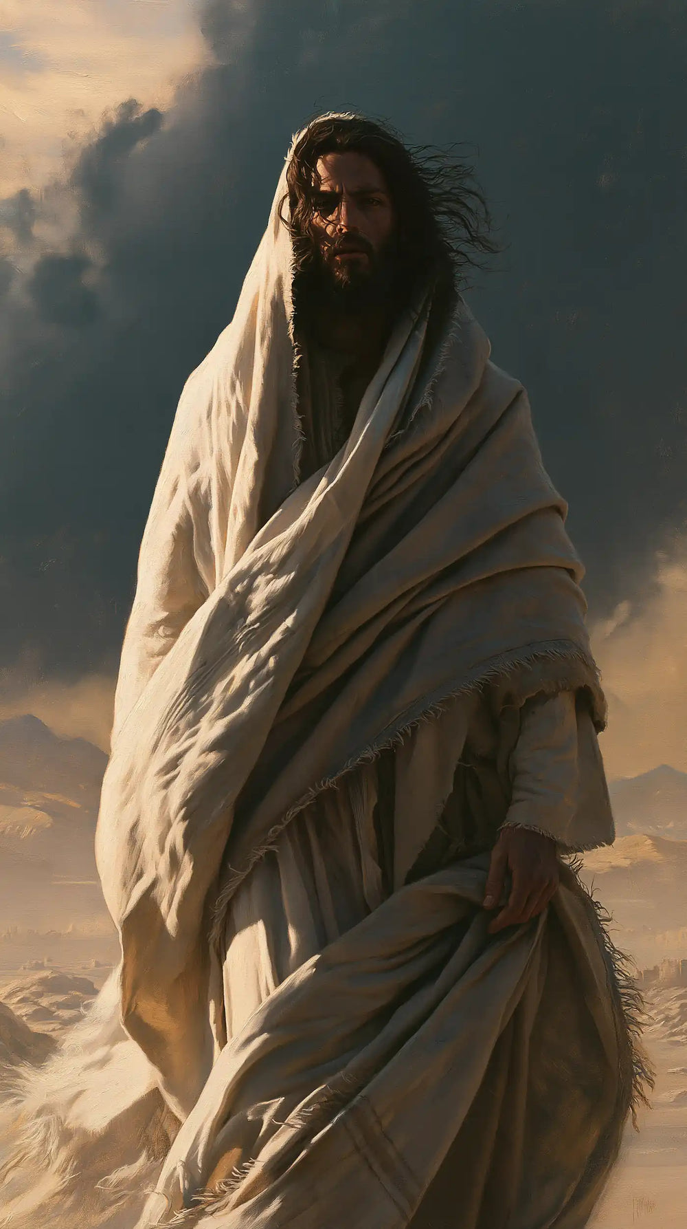 Jesus confronting an inner spiritual struggle in the desert in The Inner Struggle style, portrait Christian artwork no. 20