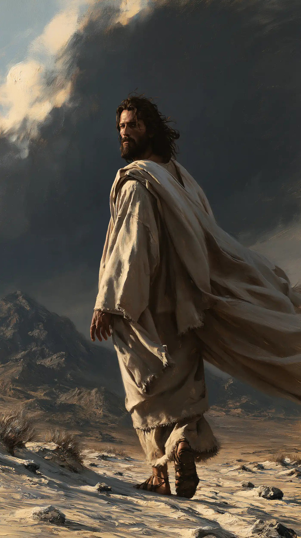 Jesus confronting an inner spiritual struggle in the desert in The Inner Struggle style, portrait Christian artwork no. 21