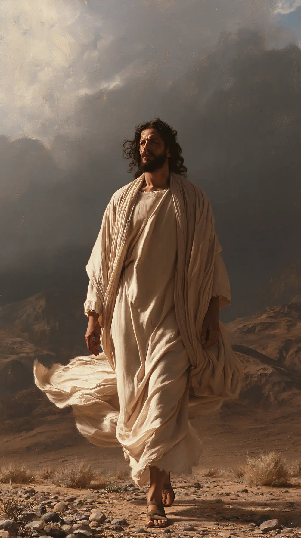 Jesus confronting an inner spiritual struggle in the desert in The Inner Struggle style, portrait Christian artwork no. 24