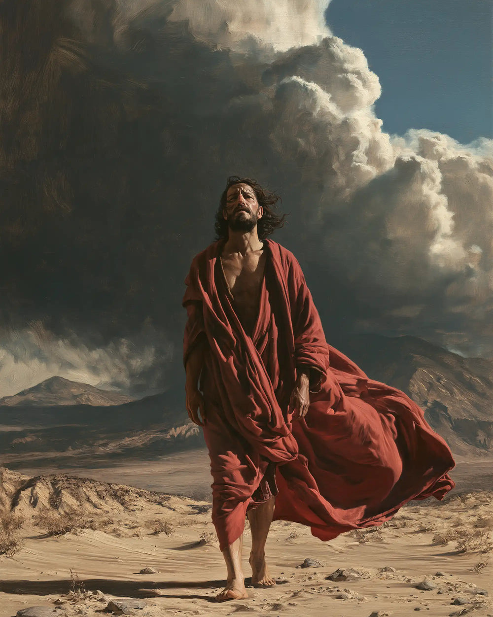Jesus confronting an inner spiritual struggle in the desert in The Inner Struggle style, portrait Christian artwork no. 38
