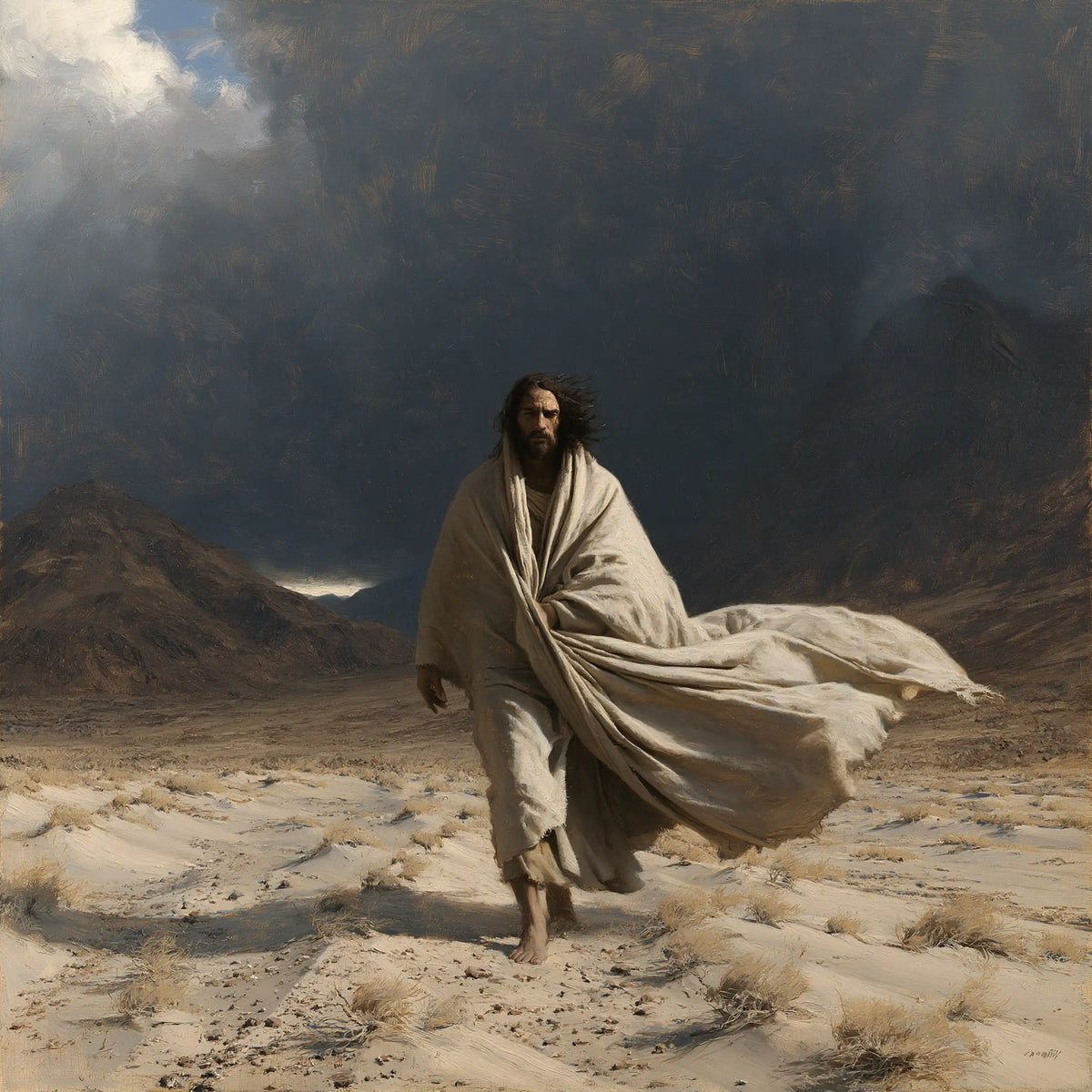 Jesus confronting an inner spiritual struggle in the desert in The Inner Struggle style, square Christian artwork no. 3