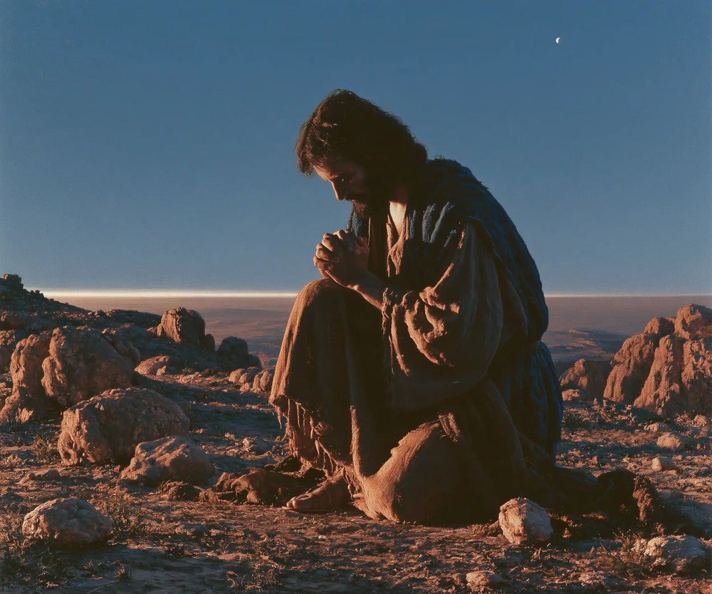 Jesus praying alone in the desert in Jesus in Prayer style, landscape Christian artwork no. 2