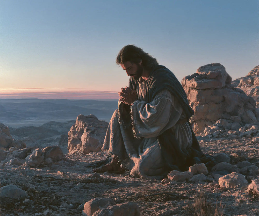 Jesus praying alone in the desert in Jesus in Prayer style, landscape Christian artwork no. 3