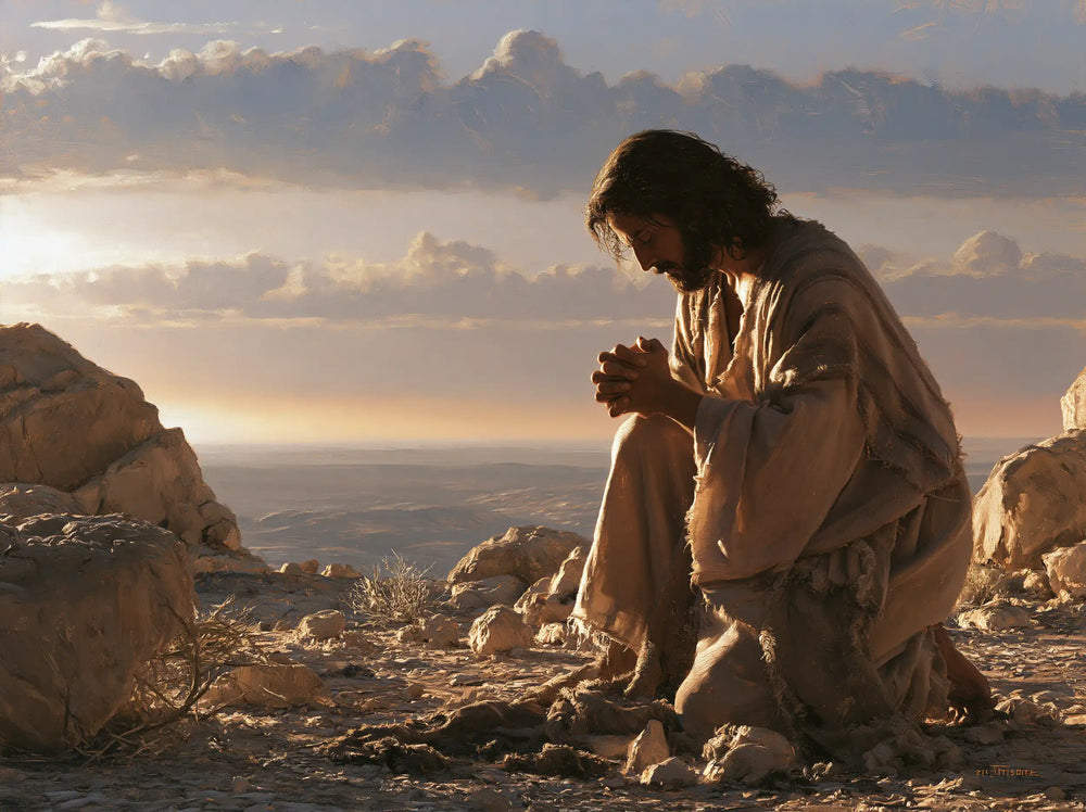 Jesus praying alone in the desert in Jesus in Prayer style, landscape Christian artwork no. 9