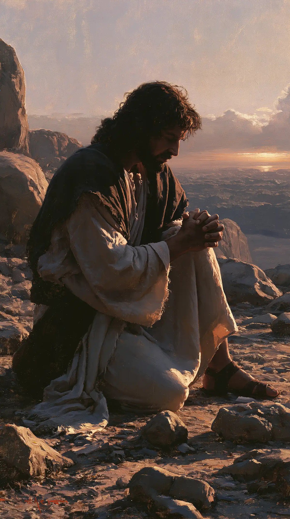 Jesus praying alone in the desert in Jesus in Prayer style, portrait Christian artwork no. 8
