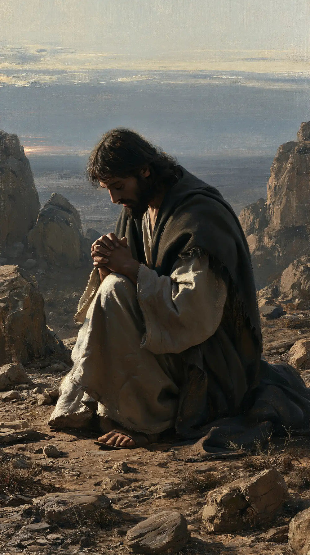 Jesus praying alone in the desert in Jesus in Prayer style, portrait Christian artwork no. 12
