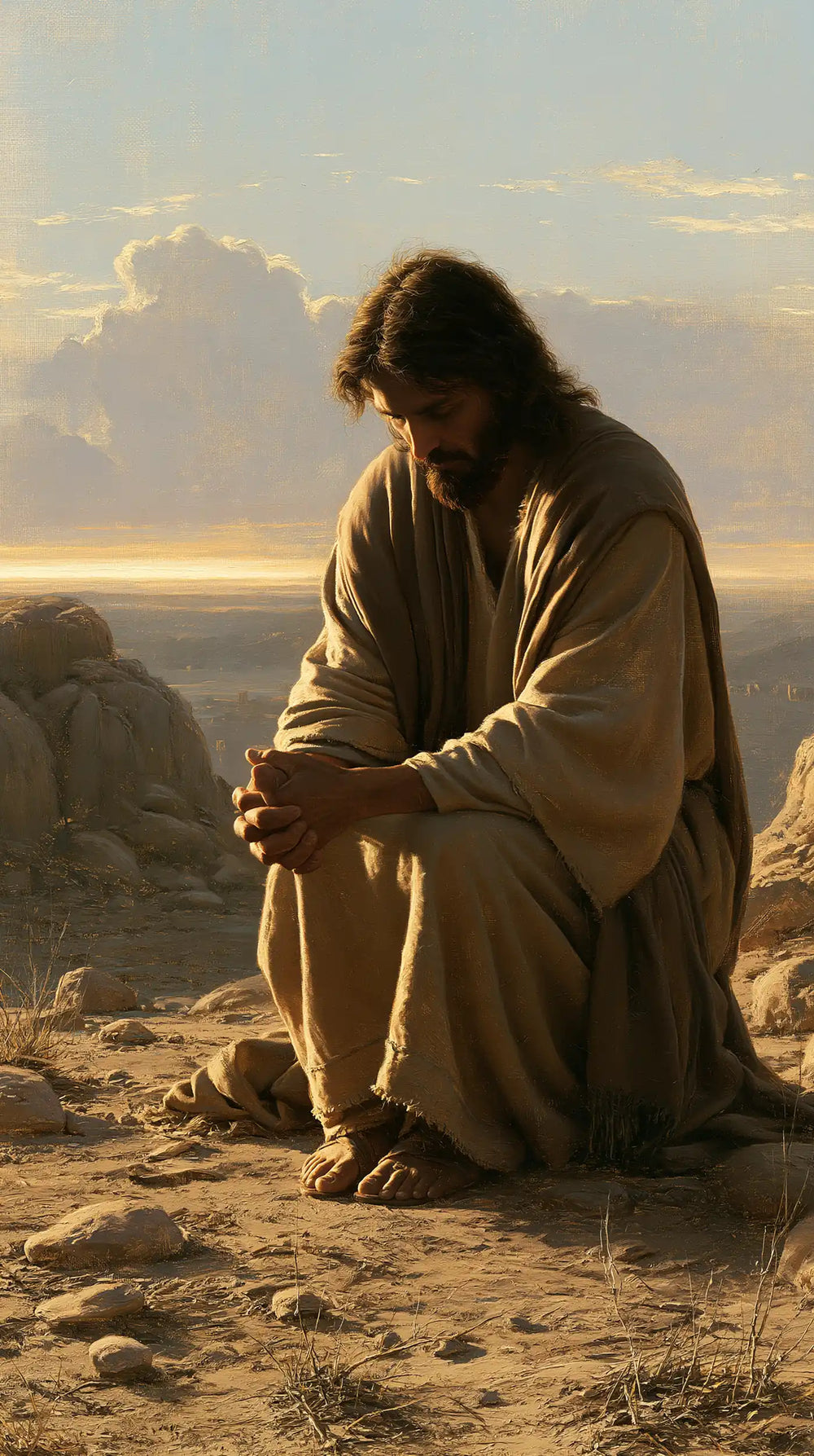 Jesus praying alone in the desert in Jesus in Prayer style, portrait Christian artwork no. 14