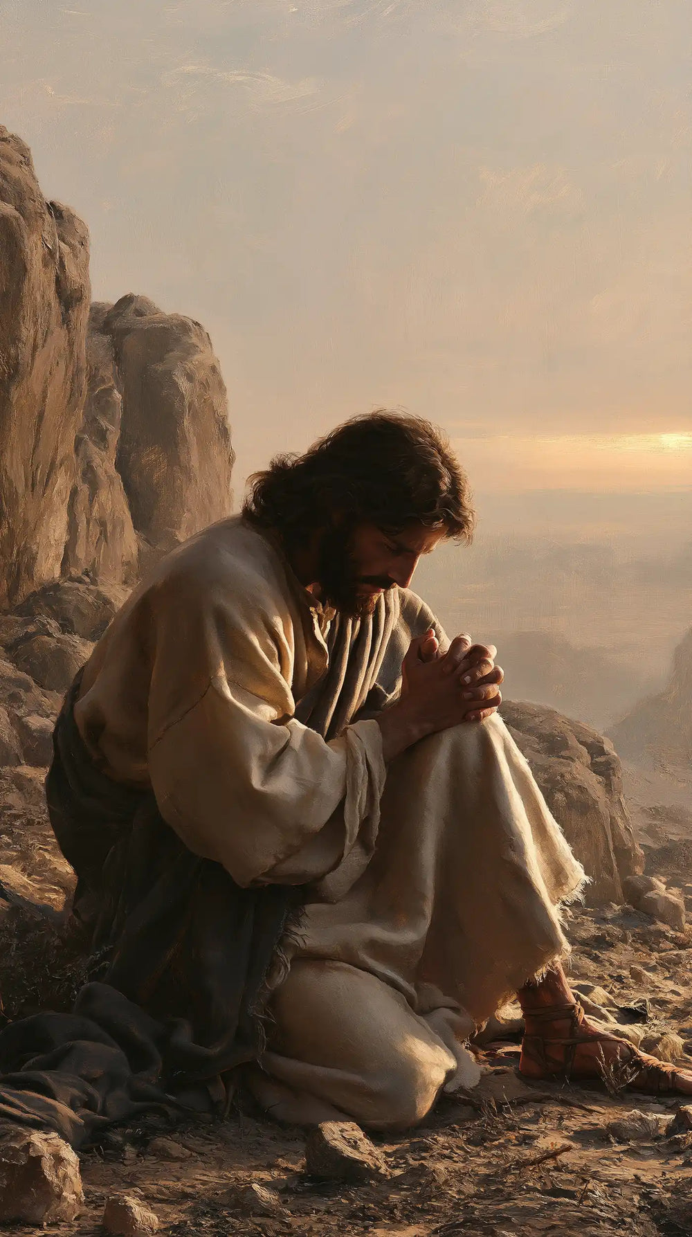 Jesus praying alone in the desert in Jesus in Prayer style, portrait Christian artwork no. 25