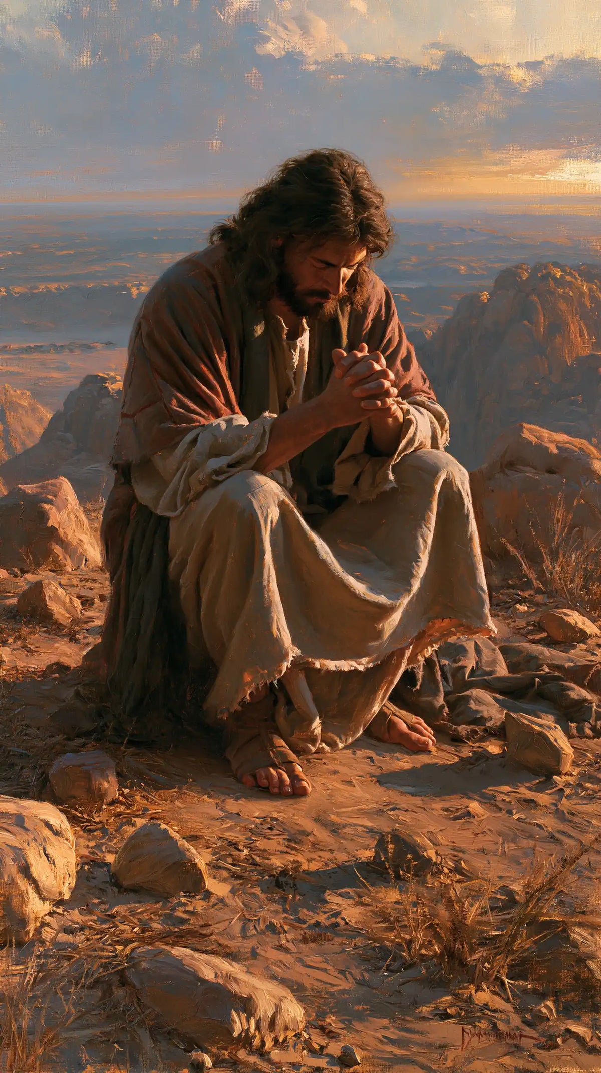 Jesus praying alone in the desert in Jesus in Prayer style, portrait Christian artwork no. 27