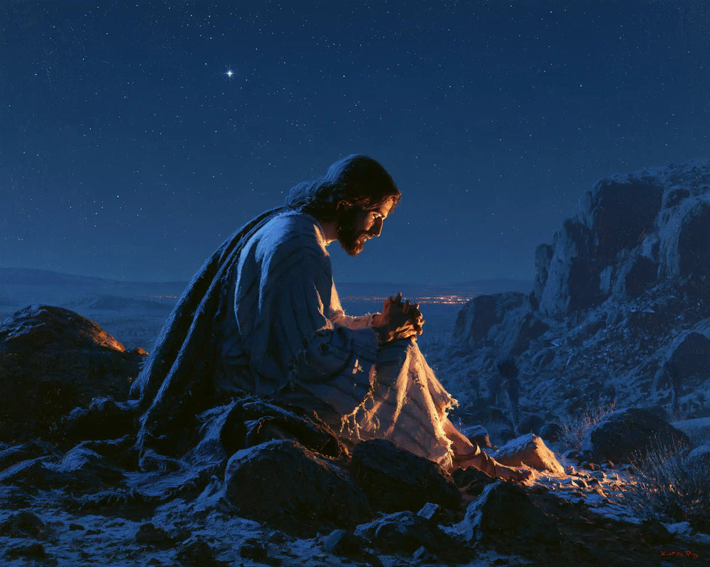 Jesus in the desert during the temptation in Midnight Blue Chiaroscuro style, landscape Christian artwork no. 5