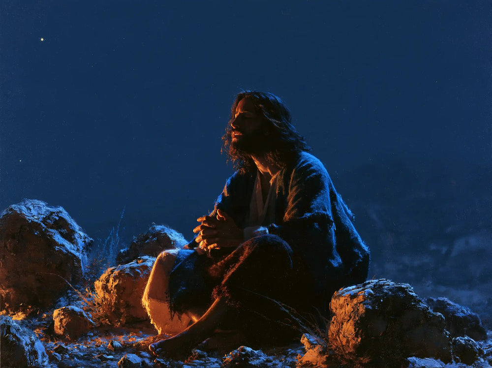 Jesus in the desert during the temptation in Midnight Blue Chiaroscuro style, landscape Christian artwork no. 10