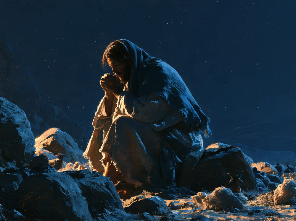 Jesus in the desert during the temptation in Midnight Blue Chiaroscuro style, landscape Christian artwork no. 11