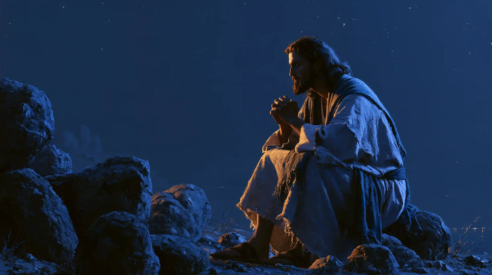 Jesus in the desert during the temptation in Midnight Blue Chiaroscuro style, landscape Christian artwork no. 13