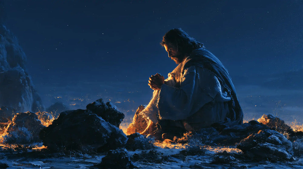 Jesus in the desert during the temptation in Midnight Blue Chiaroscuro style, landscape Christian artwork no. 14