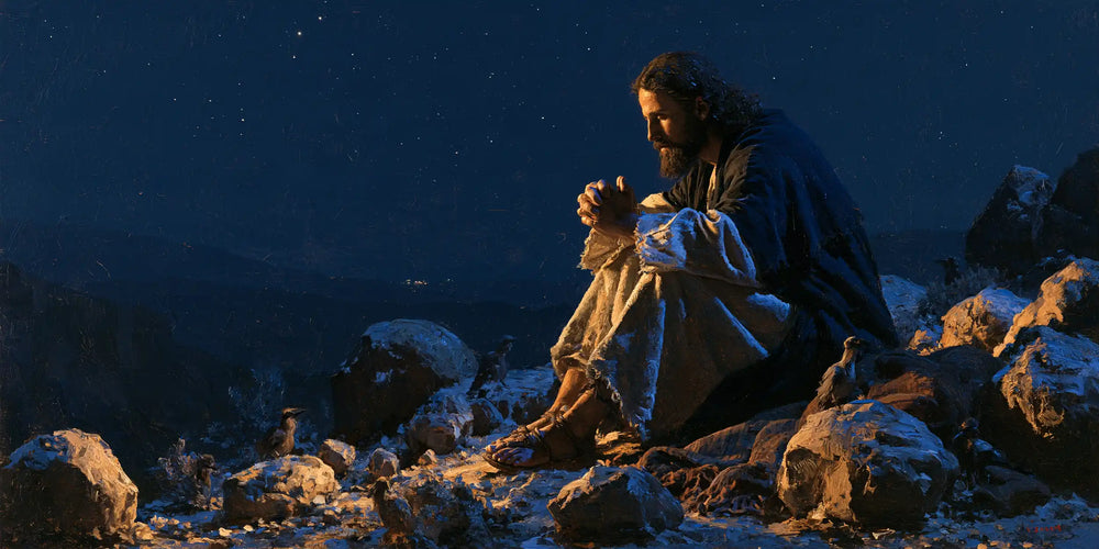 Jesus in the desert during the temptation in Midnight Blue Chiaroscuro style, landscape Christian artwork no. 19