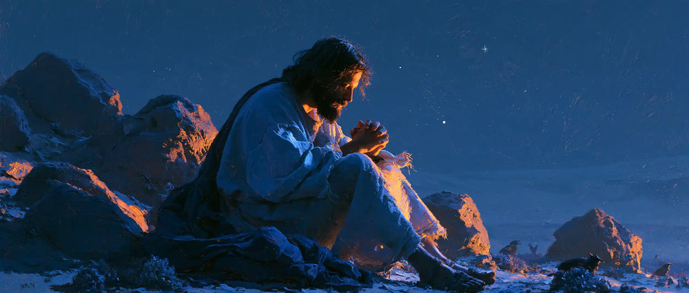 Jesus in the desert during the temptation in Midnight Blue Chiaroscuro style, landscape Christian artwork no. 23