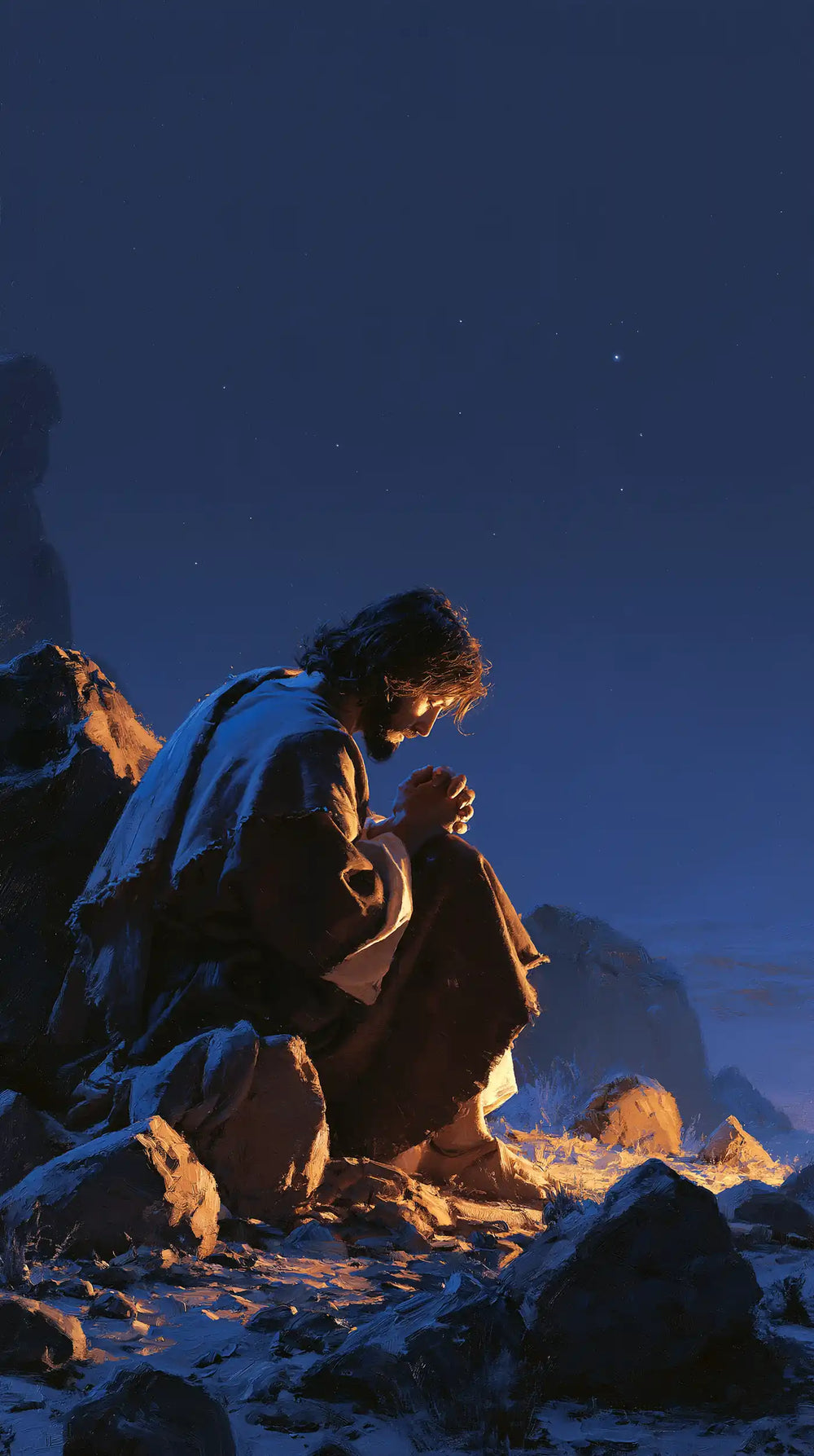 Jesus in the desert during the temptation in Midnight Blue Chiaroscuro style, portrait Christian artwork no. 2