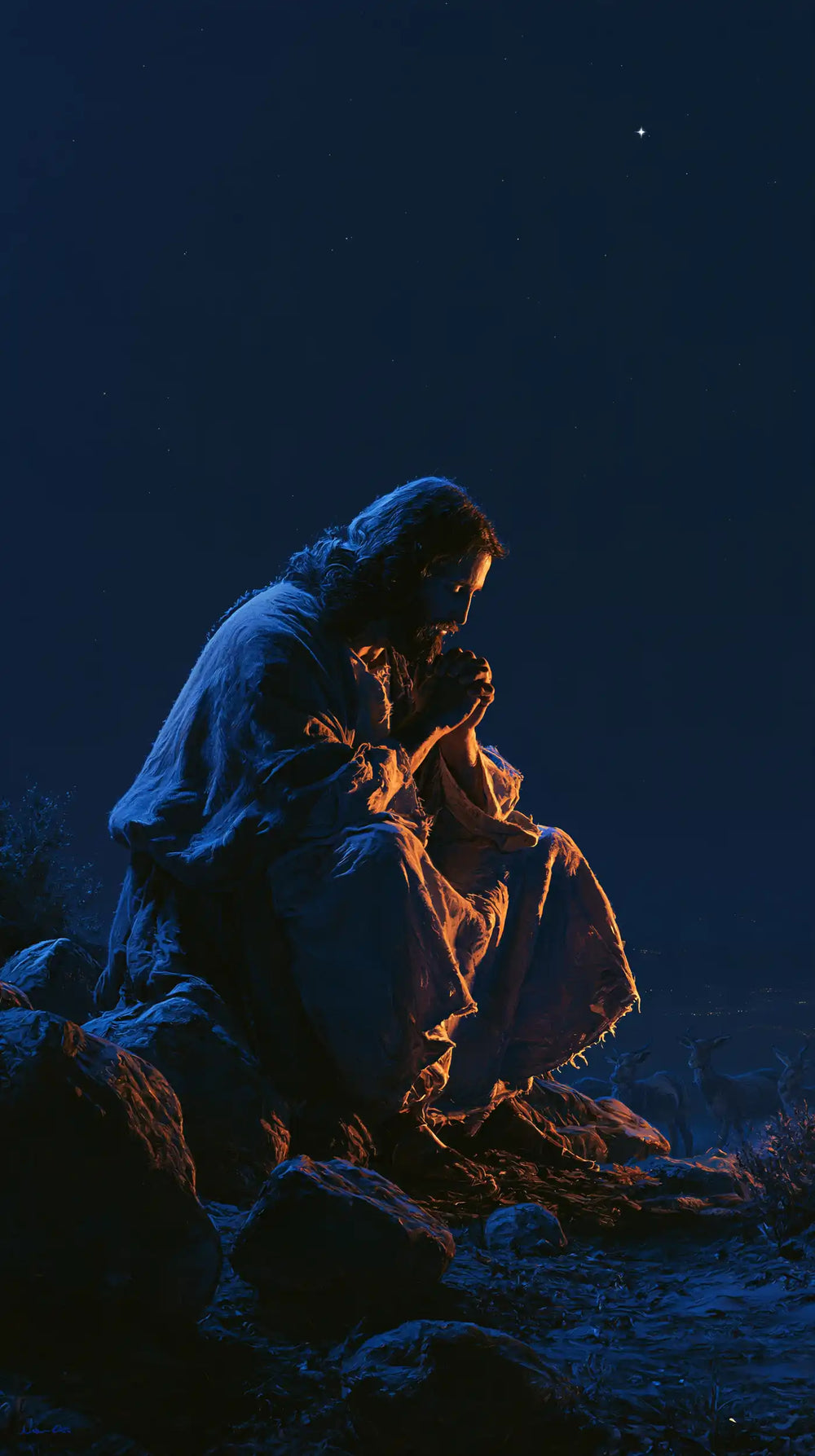 Jesus in the desert during the temptation in Midnight Blue Chiaroscuro style, portrait Christian artwork no. 5