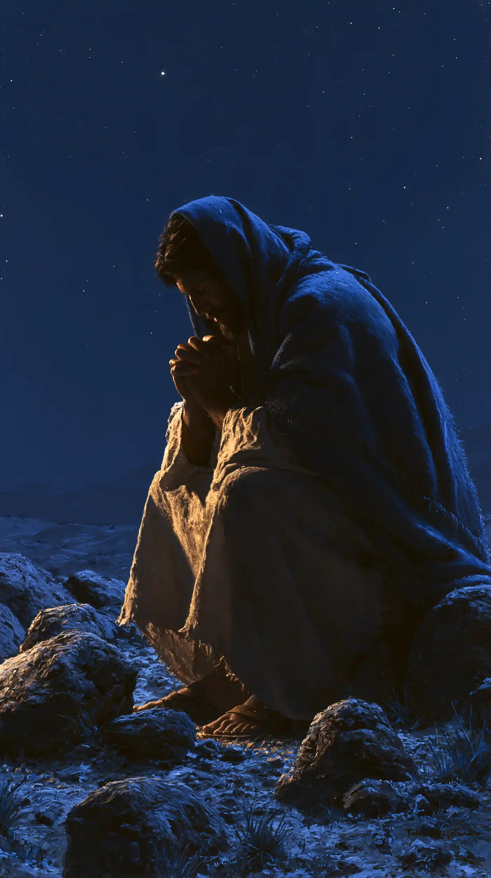 Jesus in the desert during the temptation in Midnight Blue Chiaroscuro style, portrait Christian artwork no. 11