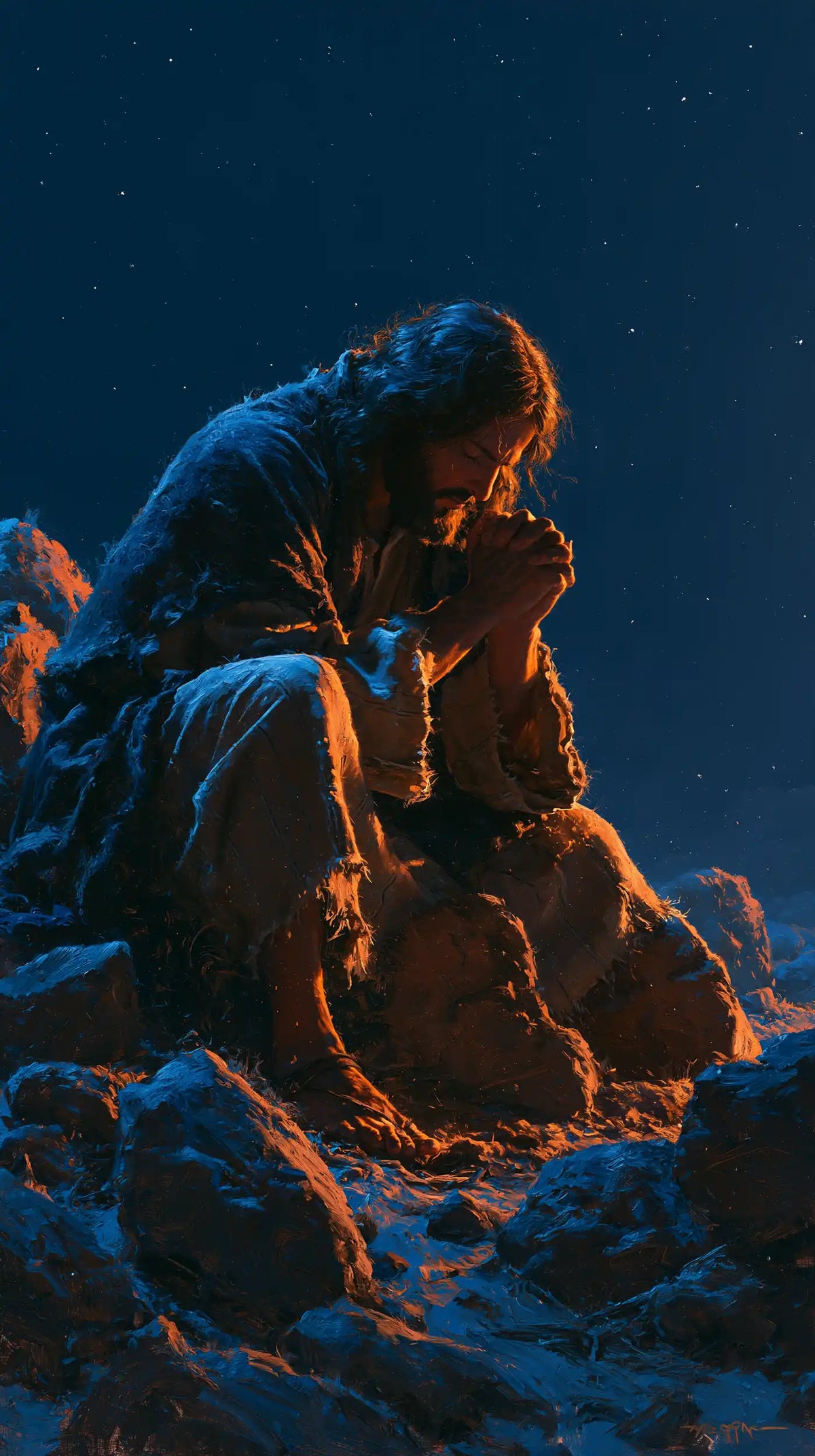 Jesus in the Desert — The Curve of the Back in Dark Azure