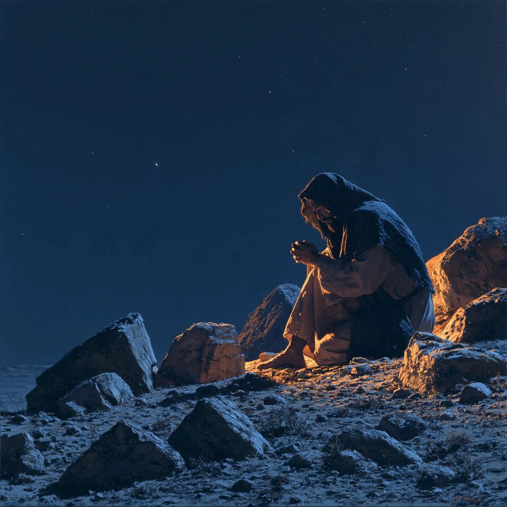 Jesus in the desert during the temptation in Midnight Blue Chiaroscuro style, square Christian artwork no. 3